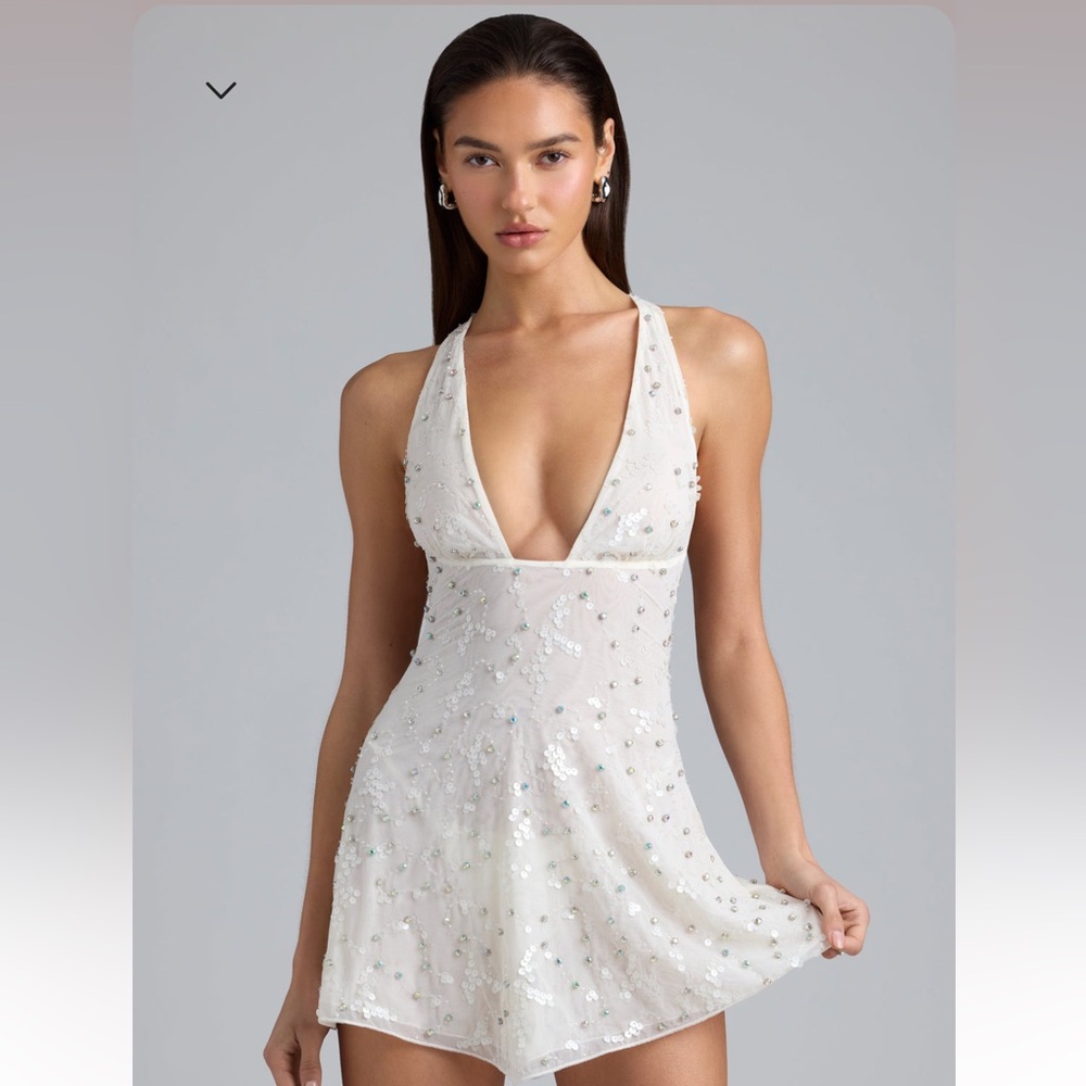 Oh Polly Embellished Multi-Strap Mini Dress in Ivory